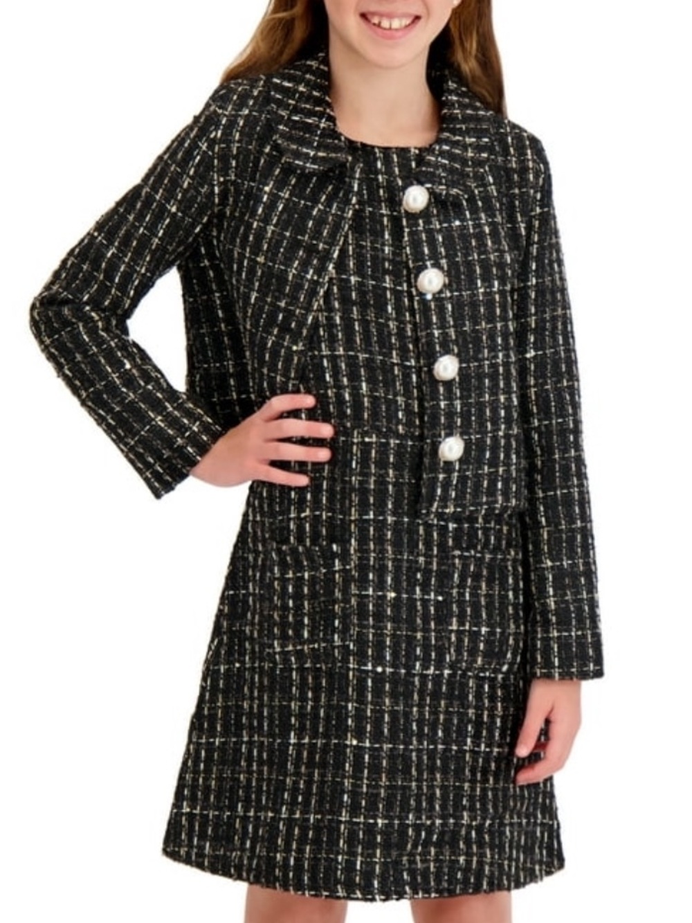 BRAND NEW KENZIE GIRL-Girls Black Tweed Dress & Jacket Set Size 6